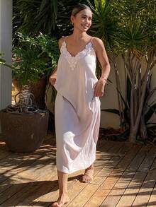 DAZY 度假风花卉饰边吊带长款女士睡裙 - 粉色 - 查看 3