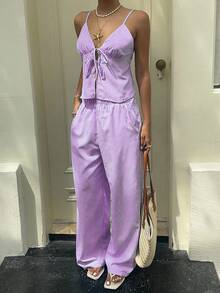 Flirla Women's Casual Vacation Striped Print Tie Front Camisole And Wide Leg Pants 2 Pieces Set - Red Violet - View 6