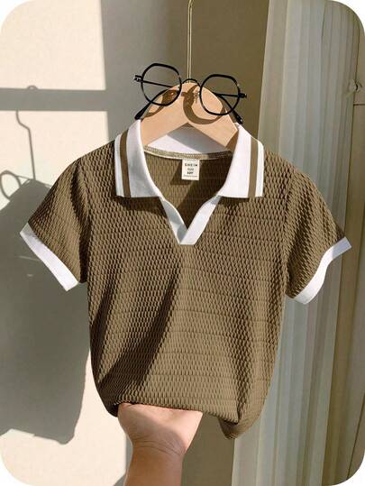 SHEIN 男童休闲日常舒适纯色罗纹领宽松短袖针织Polo衫