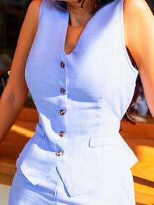 Hindelle 女士优雅时尚通勤休闲无袖 V 领腰部系带背心和直筒裤套装，纯色 - 寶藍色 - 查看 4