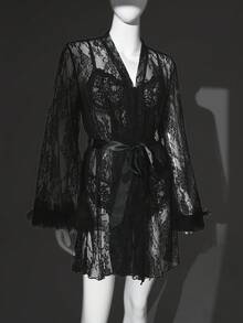 SHEIN 2pcs Set: French Black Lace Sheer Sleeve Robe + Lace Mesh Waist Cinched Bodysuit, Sexy - Black - View 4