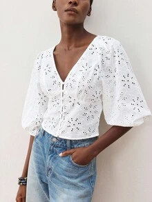 Maija Women's White V-Neck Front Button Casual Beach Vacation Style Shirt, Embroidered Hollow-Out Fabric, Lantern Sleeve, Slim Fit, Hawaiian Style Top - White - View 7