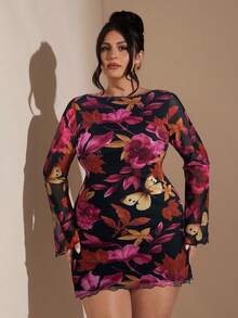 SHEIN BAE فستان قصير بأكمام طويلة للمرأة بمقاسات كبيرة، خريف/شتاء - روز أحمر - مشاهدة 3