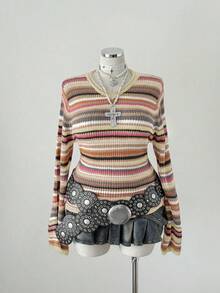 Sunspun Plus Size Colorful Knitted Pullover Sweater, Autumn/Winter - Apricot - View 4