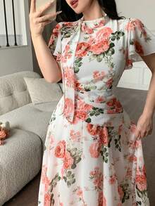 Modelyn Women's Ruffle Collar Tie Waist Flare Hem Dress With Puff Sleeves - Pink - View 3