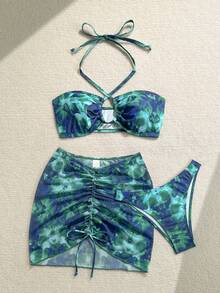 Soleia 大码女式夏季沙滩印花露背系带性感比基尼泳衣套装，含罩衫和裙子 - 彩色 - 查看 6