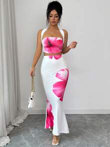 Rafferiza 2pcs Women's Printed Backless Tie Strap Crop Top And Fitted Mini Skirt Set, Summer - White - View 5