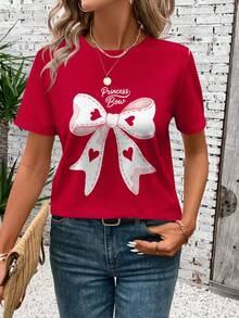 SHEIN LUNE 情人节红色日期上衣，心形图案蝴蝶结情侣休闲简约圆领短袖宽松女式T恤