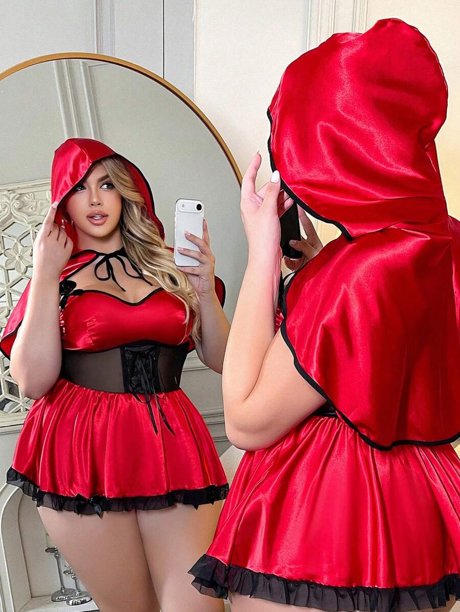 Set de 2 piezas de disfraz de Caperucita Roja y bruja de Halloween, chal y vestido de encaje y satén de talla grande, encantador y dulce para mujer - Rojo - Ver 1