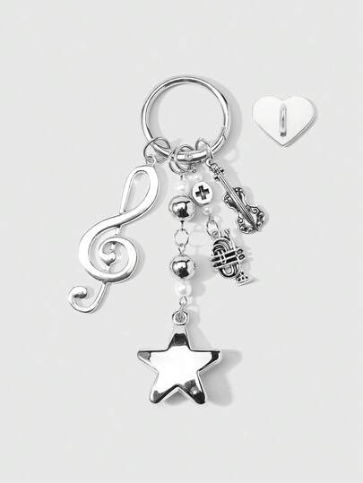 ROMWE Anime 1款全新Y2k时尚复古精致高性价比学院风音乐节系列银色迷你音符数字小提琴萨克斯风仿珍珠CCB圆珠星星DIY素面戒指钥匙扣包包挂件水杯挂件手机挂件，固定粘贴爱心饰品，适合女孩女士日常佩戴，节日礼物