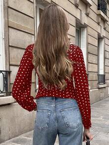 Pariaura 女士优雅设计白色蕾丝拼接V领系腰波点休闲法式短款黑色衬衫，长袖 - 紅色 - 查看 2