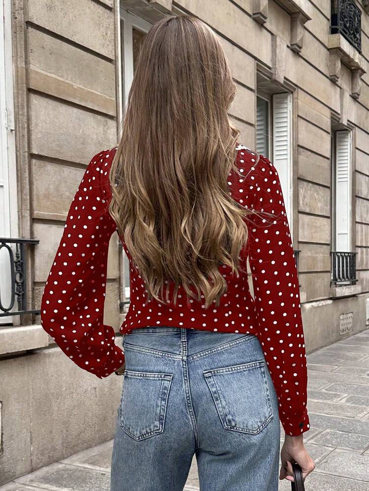 Pariaura Women's Elegant Design White Lace Patchwork V-Neck Tie Waist Polka Dot Casual French Style Short Black Blouse, Long Sleeve - Red - View 2