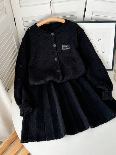 Genkimix Kids Tween Girl Letter Graphic Long Sleeve Single-Breasted Hollow-Out Knit Cardigan And Knit Pleated Mini Skirt Set
