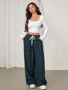 SHEIN PETITE Quần ống rộng phối màu kẻ caro xanh lá cây dành cho nữ thích hợp cho mùa thu đông, cũng như mùa xuân hè. - Nhiều màu - Xem 7