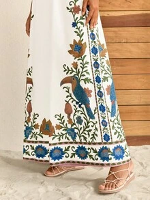 CAJUNI Damen Hose Elfenbein Multi Sommer Gewebe Relaxed Fit, Hoher Bund, künstlerischer Jacquard-Stil tropischer Vogel- und Blumenrandaufdruck, weite lange Hose, Boho Resort Stil für Urlaub, Strandtag und Feiertage, Frühlingsferien, Valentinstag, Strand für Frauen, Urlaub Frauen, trägerlos Sommer, Sommerurlaub, Frühling, Valentinstag, Karnevalskostüm, Fasching Frauenkostüm, Strand, Urlaub Frauen, Lässig Frauen, Party - Beige - Übersicht 6