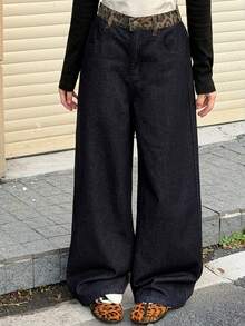 DAZY Teen Girl Leopard Print Slant Pocket Casual Jeans - Dark Wash - View 3