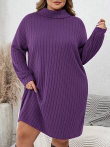 SHEIN CURVE+ Plus Size Casual Minimalist Turtleneck Ribbed Brushed Red Sweater Dress, Suitable For Casual Wear And Christmas Plus Size Knit Dress - Purple - View 7