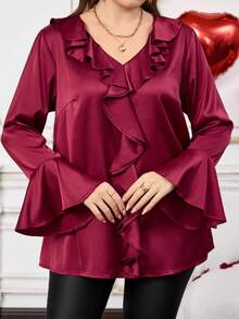 EMERY ROSE Plus Size Women Patchwork Ruffle Flare Sleeve Loose Elegant Blouse/Valentine's Day Spring Break Holiday - Red - View 1