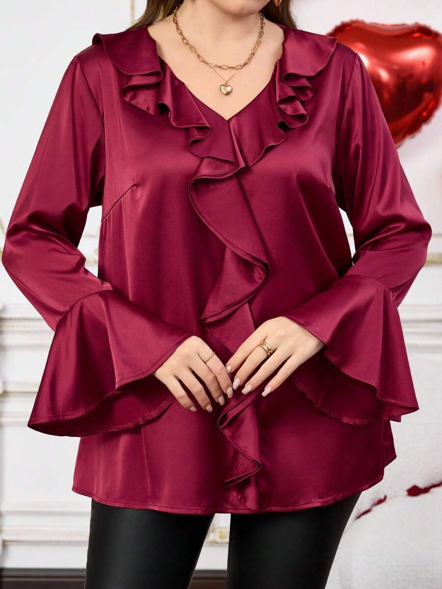 EMERY ROSE Plus Size Women Patchwork Ruffle Flare Sleeve Loose Elegant Blouse/Valentine's Day Spring Break Holiday - Red - View 1