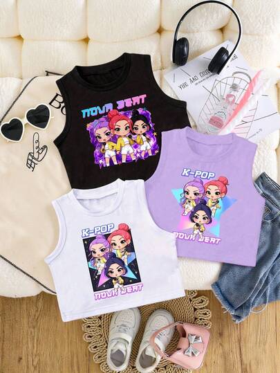 3pcs/Set Girls' Casual Fashionable Creative Personalized Refreshing Minimalist Cute Virtual Girl Group Cartoon Character Colorful Pentagram Logo Graphic Print Comfortable Basic Tank Tops, Cozy Summer Styles Suitable For Spring, Summer And Autumn