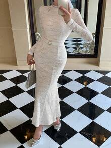 DAZY Women's Floral Lace Collar Long Sleeve Fitted Dress With Mermaid Hem, Elegant - White - View 7