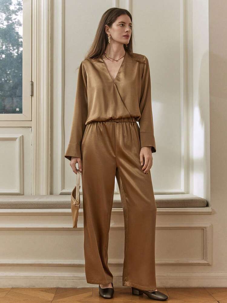 Women's Fashion Solid Color V-Neck Long Sleeve Top & Pants 2 Pieces Set Business Casual Woman