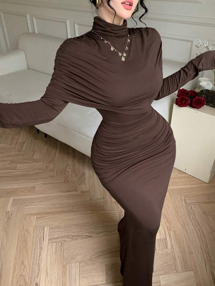 Brown Shawl & Bodycon Dress Set, Elegant For Casual, Beach, Wedding, Commute, Spring/Summer