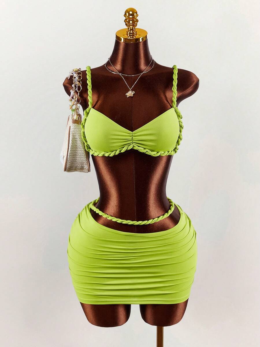 Amplova Bộ đồ 2 món gợi cảm dành cho nữ: Áo croptop xếp ly màu xanh neon và chân váy mini ôm sát xếp ly. - màu xanh lá - Xem 1