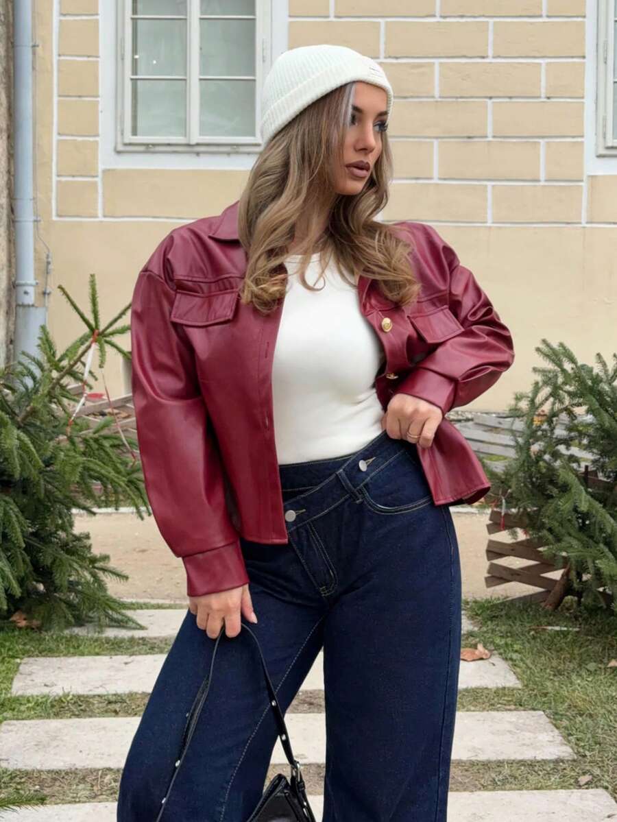 Jeta Ari Women's Regular Fit Burgundy Jacket With Zipper And Collar For Everyday Wear Red Leather Jacket Wine Red Jacket Dark Red Jacket Crop Jacket Burgundy Leather Jacket In Fall/Winter - Burgundy - View 1