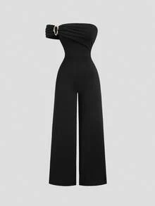 Sweetra Retro Y2K Sexy Hollow Out One Shoulder Backless Romantic Date Casual Vacation Black Jumpsuit For Women