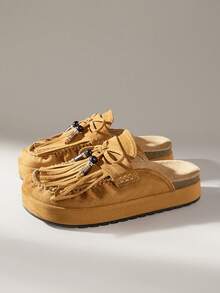 Solecia Women's Flat Round Toe Bow Tie Brown Tassel Beaded Bohemian Style Beach Vacation Casual Slip-On Sandals