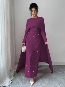 Elenzga 女士秋冬针织圆领长袖伞裙珍珠装饰修身长款派对连衣裙，优雅百搭 - 紫色 - 查看 6