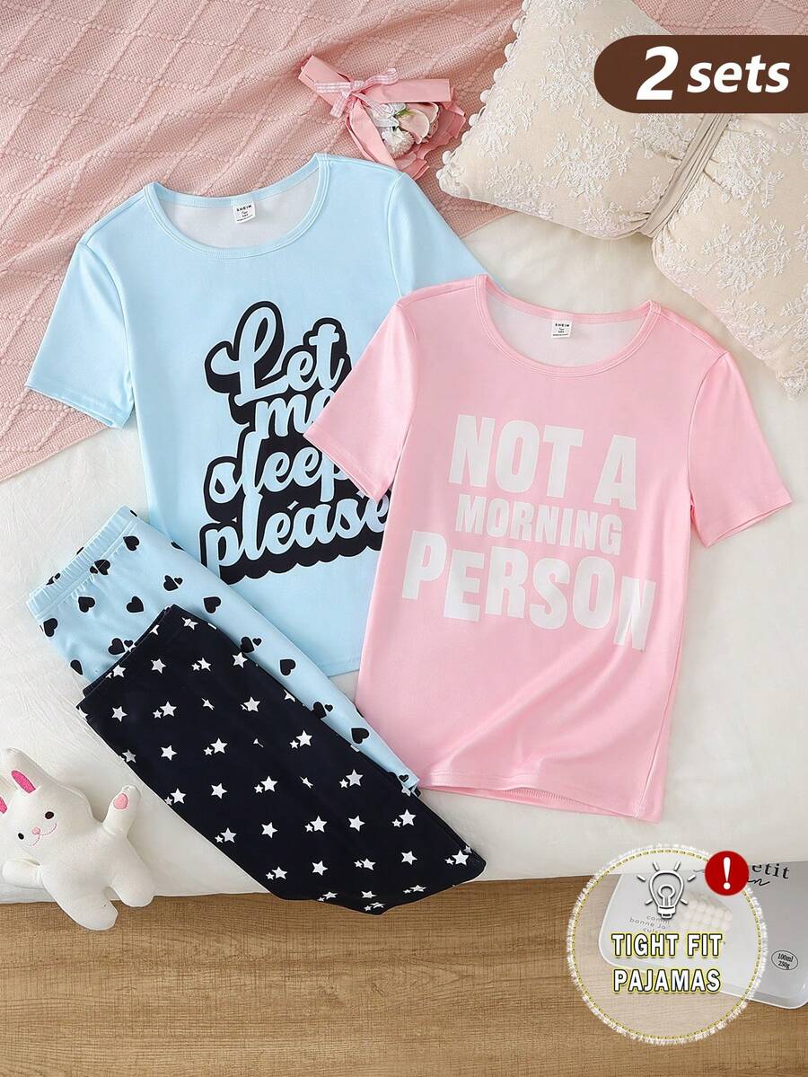 Bộ 4 quần dài in chữ màu hồng họa tiết trái tim cho bé gái tuổi teen & áo thun họa tiết chữ màu đen kèm quần short họa tiết ngôi sao, đồ mặc nhà bó sát - Nhiều màu - Xem 1