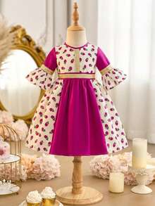 SHEIN Baby Girl Floral Print Ribbon Trim Round Neck Short Sleeve Dress - Hot Pink - View 2