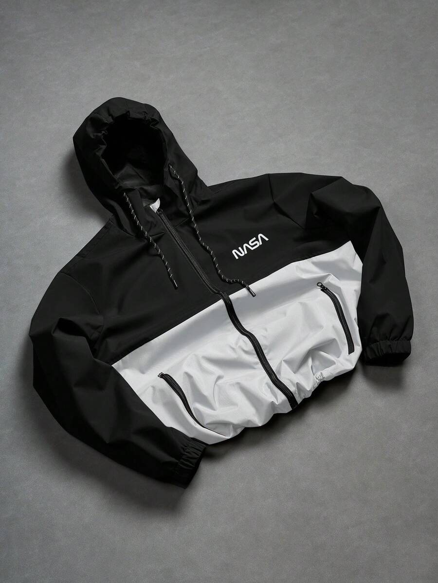 Manfinity Homme Loose Fit Men's Colorblock Hooded Jacket With Letter Print & Drawstring - Black - View 1