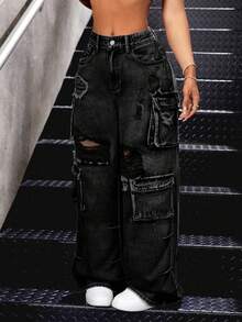 SHEIN Tall 女士工装口袋破洞阔腿宽松休闲牛仔裤 - 黑色 - 查看 1