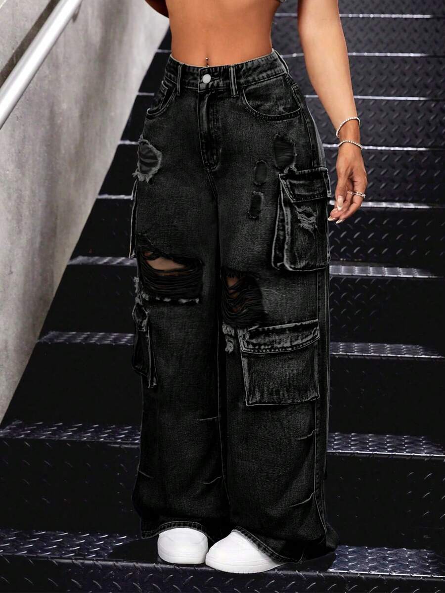 SHEIN Tall 女士工装口袋破洞阔腿宽松休闲牛仔裤 - 黑色 - 查看 1