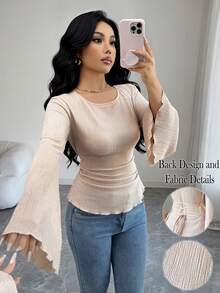 Elenzga Áo thun dài tay đơn giản cổ tròn, eo thon, tay loe, chất liệu jacquard dành cho nữ, thích hợp cho đầu xuân. - Màu Khaki - Xem 3