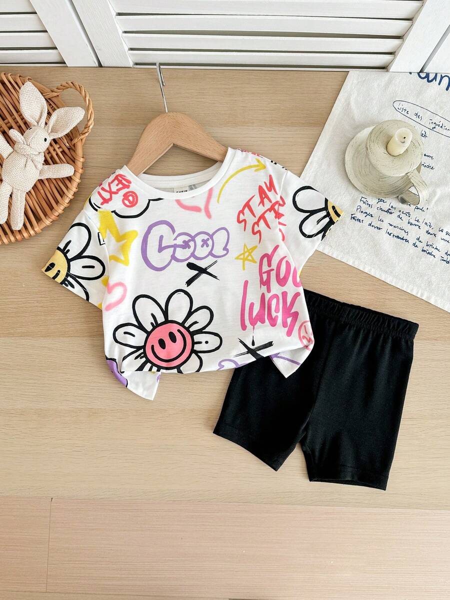 SHEIN Bộ áo thun ngắn tay và quần short cạp chun in hình hoạt hình dễ thương cho bé gái, thích hợp mặc mùa hè. - trắng - Xem 1