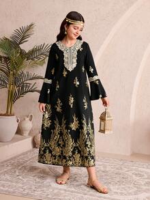 فستان كم طويل بطباعة بسيطة للفتيات المراهقات - الأسود - مشاهدة 5