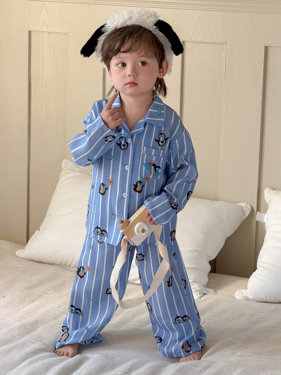 DAZY 2件套幼儿男童卡通条纹印花翻领长袖衬衫和裤子睡衣套装 - 藍色 - 查看 1