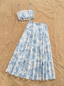 Soleia Vacation Outfits For Women Beach Outfit For Women Summer Holiday Outfits Women's Floral Print Ruffle Trim Camisole Top And Mini Skirt 2-Piece Vacation Set - Multicolor - View 2