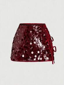 Sweetra Chân váy ngắn chữ A màu trơn đính sequin dành cho nữ, thanh lịch, thích hợp dự tiệc, hẹn hò, dễ thương, có nơ bên hông, phù hợp cho mọi mùa, mùa hè, màu đen. - Màu Đỏ Sâu - Xem 1