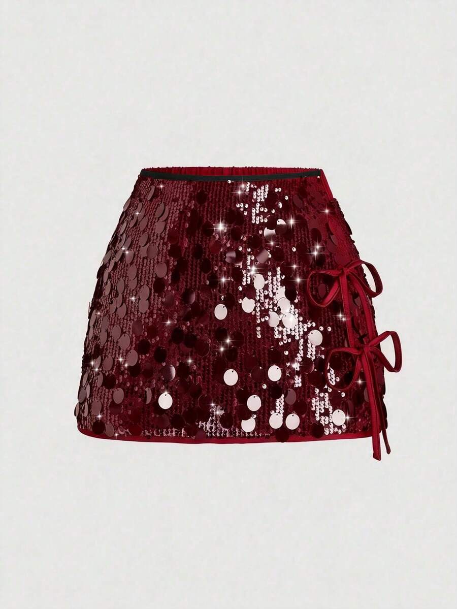 Sweetra Chân váy ngắn chữ A màu trơn đính sequin dành cho nữ, thanh lịch, thích hợp dự tiệc, hẹn hò, dễ thương, có nơ bên hông, phù hợp cho mọi mùa, mùa hè, màu đen. - Màu Đỏ Sâu - Xem 1