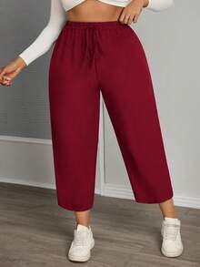 SHEIN PETITE CURVE Plus Size Women Solid Color Knotted High Waist Casual Pants - Rose Red - View 3