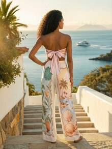 CAJUNI Women's Vacation Palm Tree Asymmetric Hem Bandeau Top And Pants Fashion Set - Multicolor - View 2