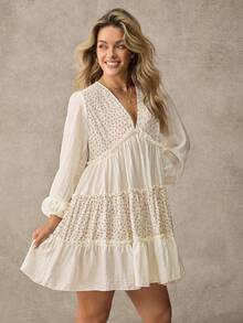 WESTFADE V Neck Long Puff Sleeve Mixed Media Tiered Ruffle Patchwork Babydoll Mini Dress - Multicolor - View 4