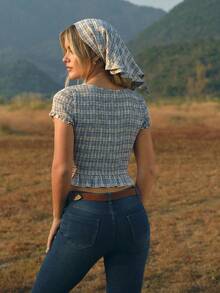 WESTFADE Embroidered Plaid Scoop Neck Button Front Short Sleeve Smocked Ruffle Cropped Top & Matching Headscarf Women Two Piece Matching Set - Blue - View 2