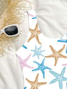 SHEIN 少女连体泳衣,可爱休闲多色海星针织面料连体泳衣套装,时尚优雅,适合游泳、夏季度假、海滩、泳池、节日派对 - 白色 - 查看 6