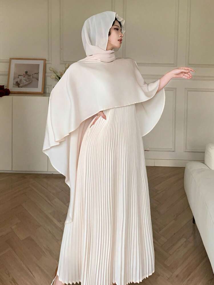 Women's Elegant Solid Color Pleated 2 In 1 Long Dress, Spring/Summer Wedding Guest Dress Sundress
